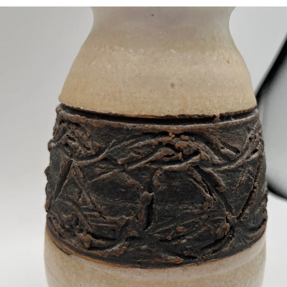 Vintage Signed Studio Pottery‎ Vase Textured Brutalist Rustic Cream Brown 6